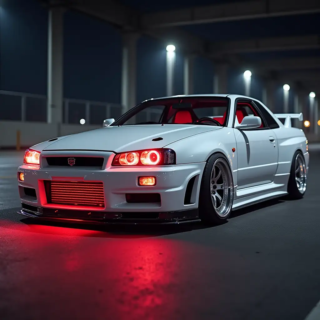 Make a white skyline with white boss rims with red LED lights and red underglow put fangs in the Grill