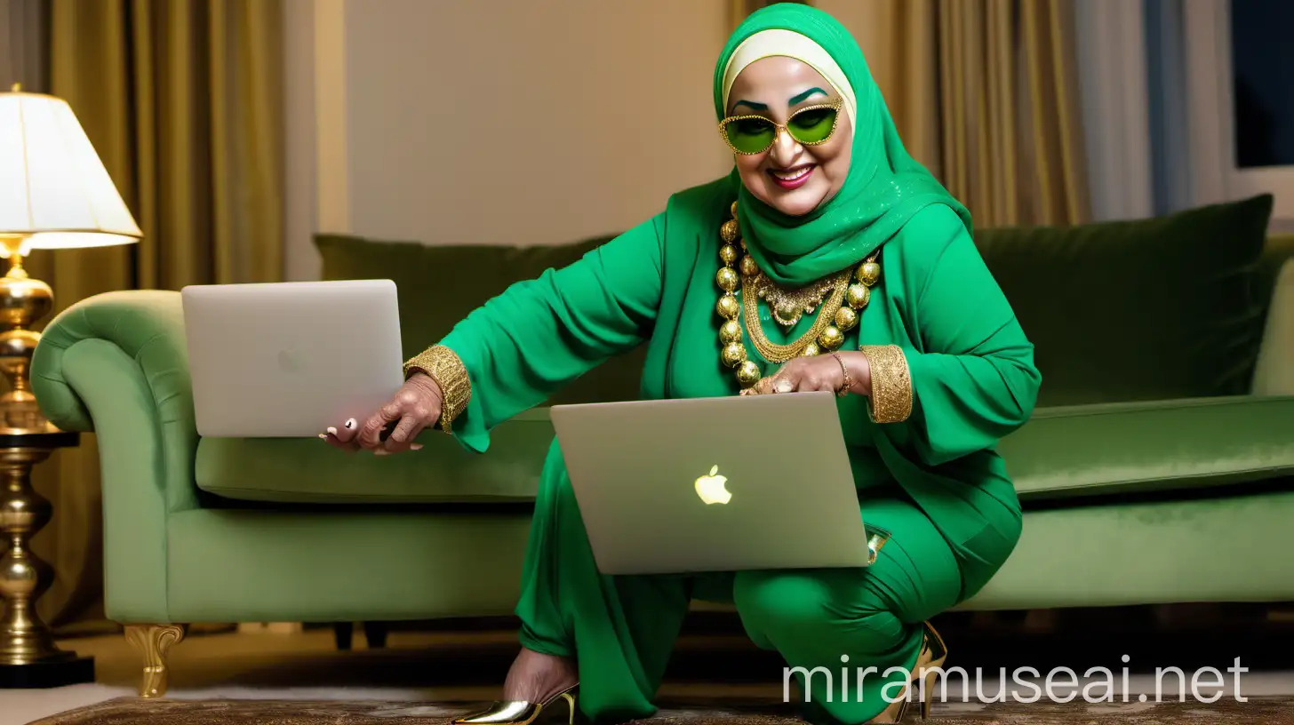 Elderly Muslim Woman Exercising with MacBook in Luxurious Home