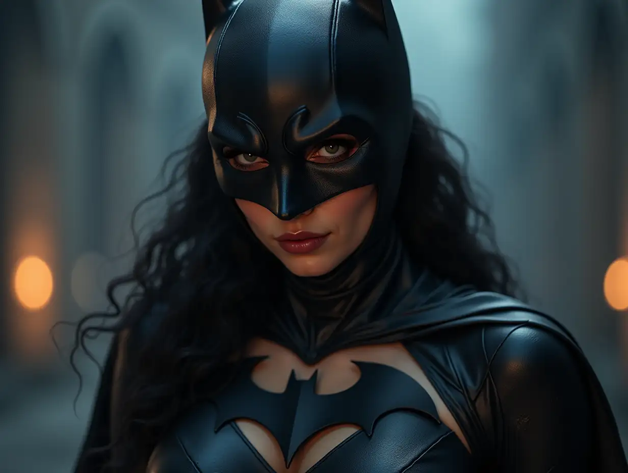 Make it hyperrealistic, dynamic and with ultra-high resolution in 4k: Create an image of femme Batman. She should be beautiful and seductive so that her sight will turn all men into stone