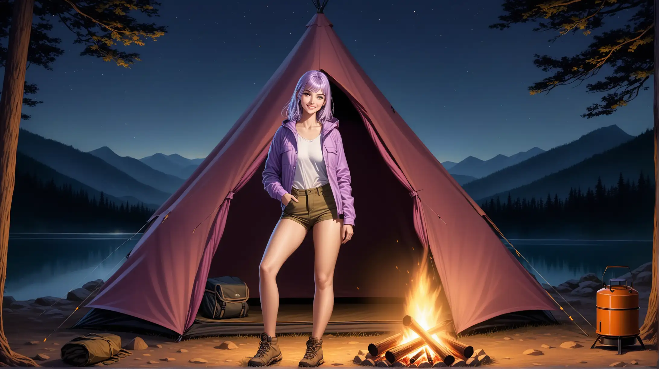 Seductive Adventure Woman with Purple Hair by Campfire at Night