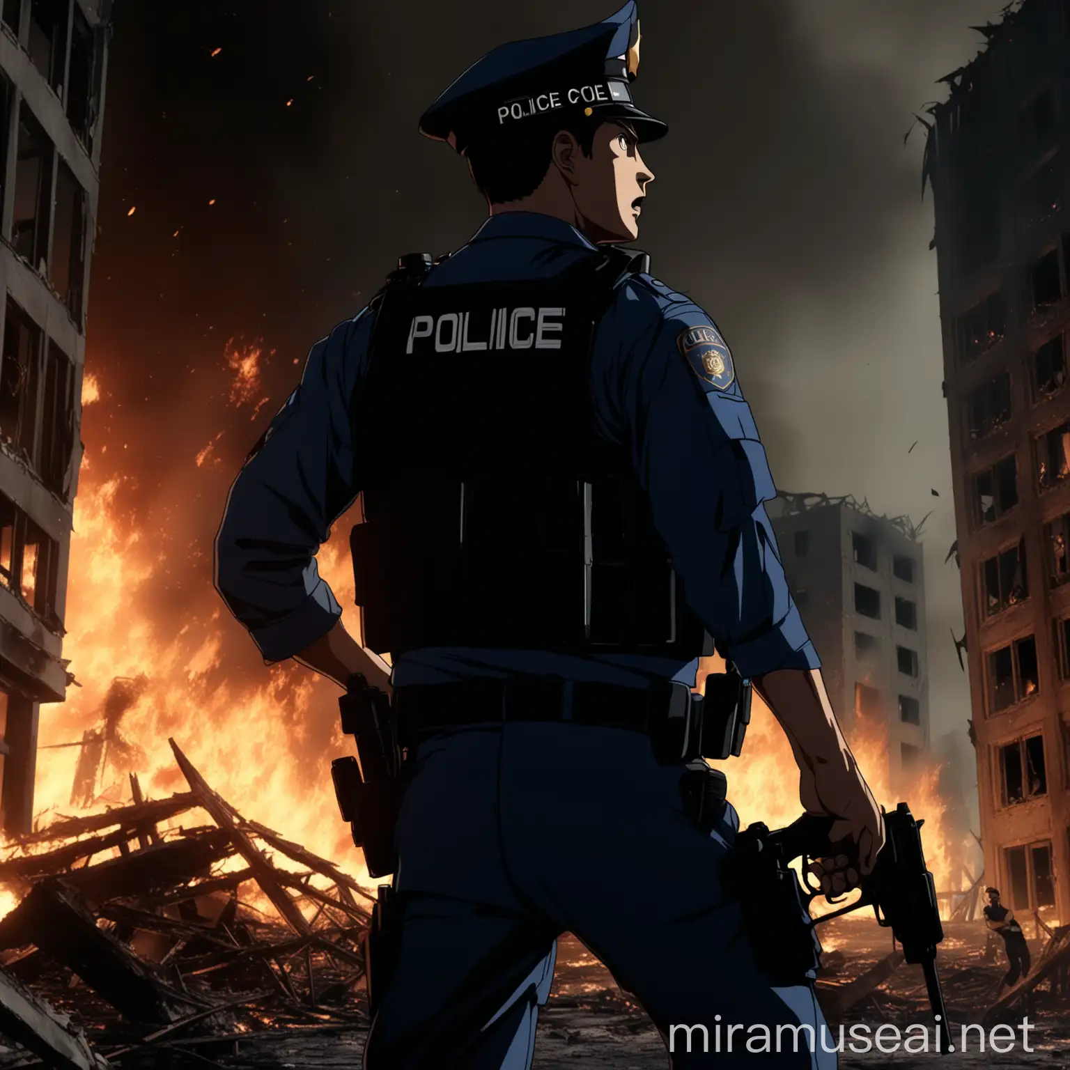 Cinematic Closeup of a Police Officer in a Burning Room