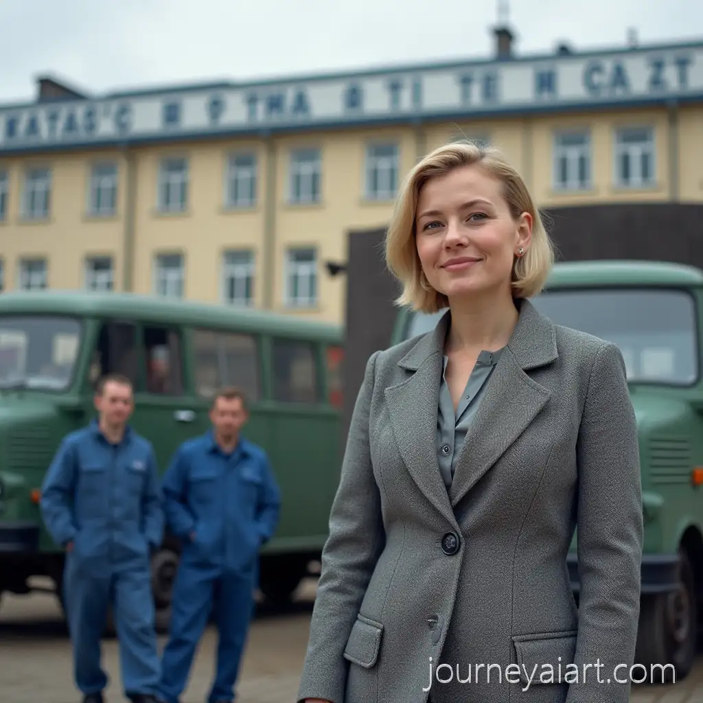 Workers-at-the-Gorkovsky-Automobile-Plant-withGorkovsky-automobile-plant-scene-a-Female-Worker-in-Gray-Suit-and-Bobbed-Blonde-Hair