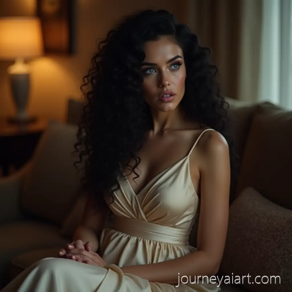 Elegant-Woman-in-LongElegant-woman-in-dress-Dress-with-Mysterious-Gaze-in-Cozy-Room