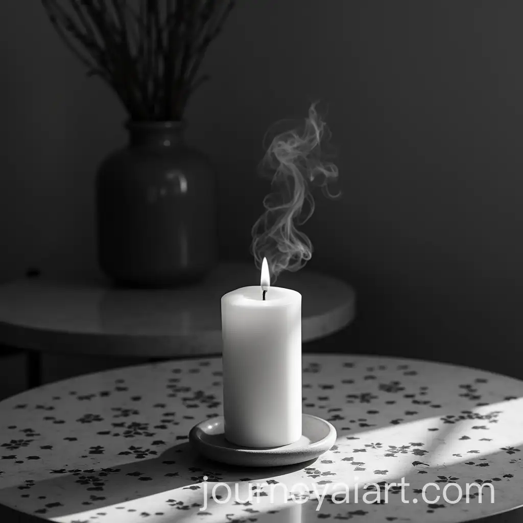 Beautiful-Candle-with-Smoke-on-a-Tile-Table-Surrounded-by-Shadows-and-Dried-Plants