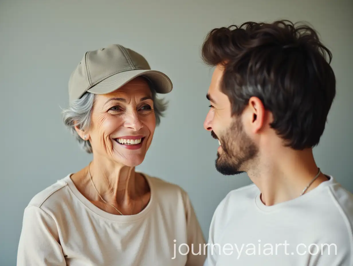 Happy-Elderly-Woman-and-Handsome-Brunette-Man-Together-in-Casual-Clothing