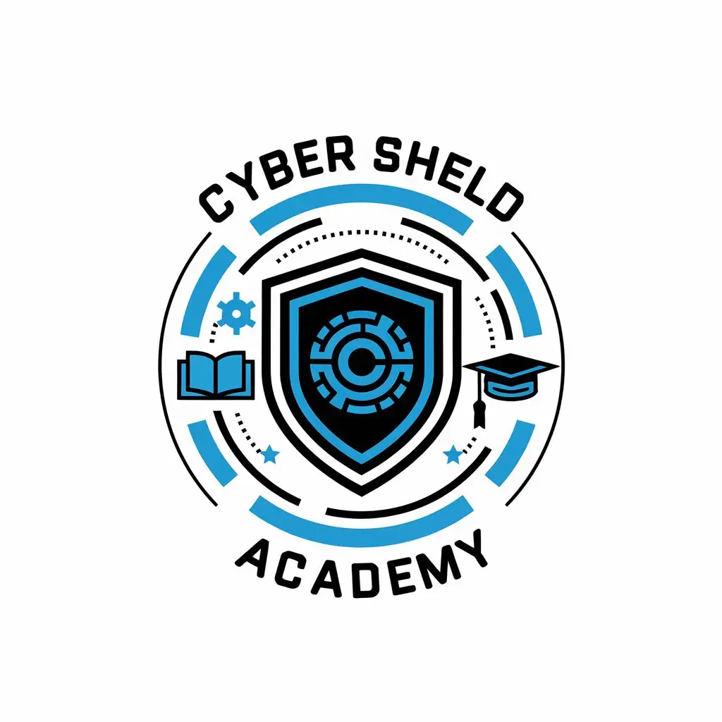 LOGO Design for Cyber Shield Academy Black and Blue with Shield and Cyber Symbols Theme