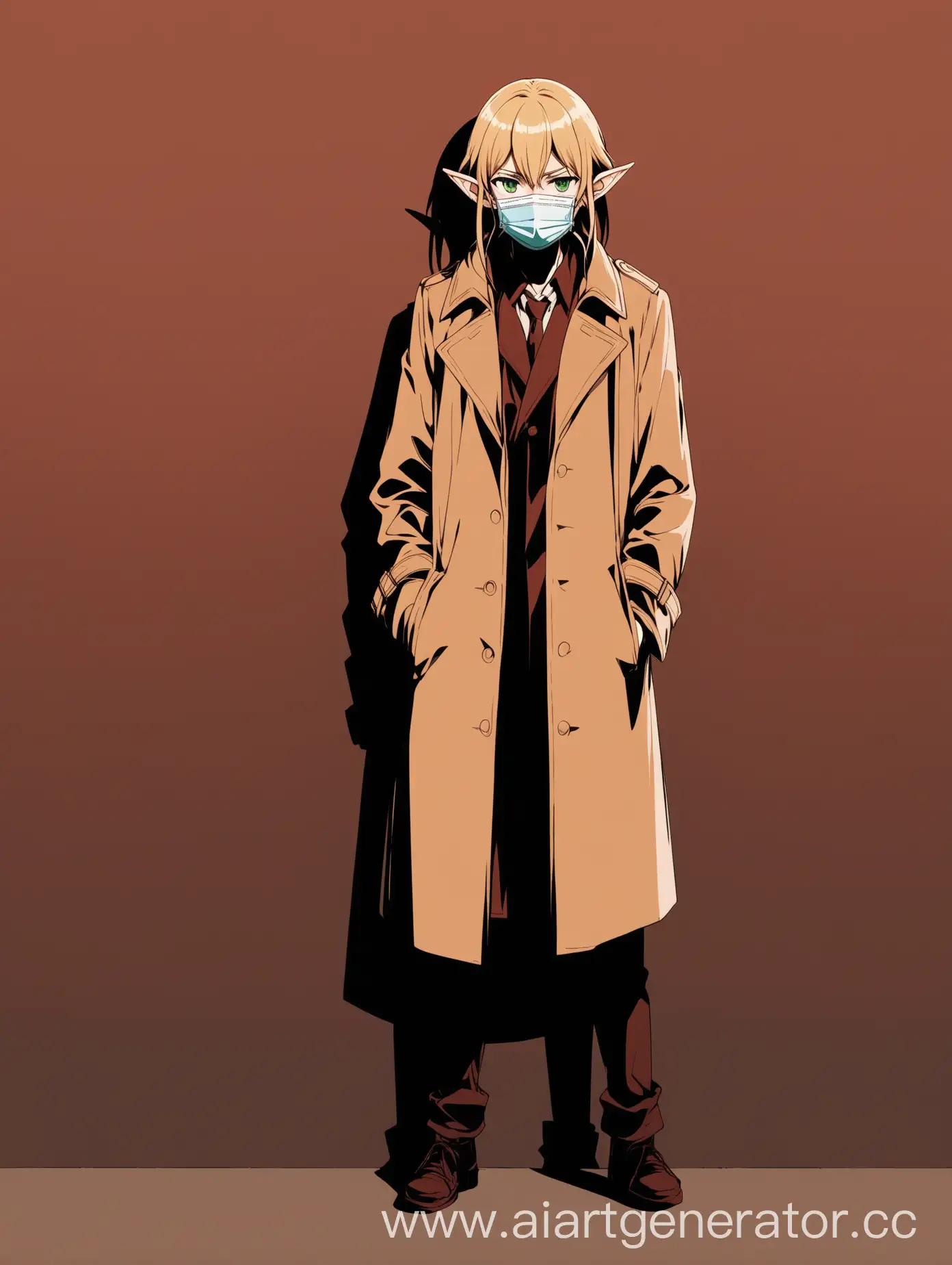 A sad elf with blond hair and green eyes wearing a medical mask. It stands at full height in half a turn. He is wearing a brown coat. A long shadow stretches from the legs. The image is in the style of anime, in black, white and red tones.