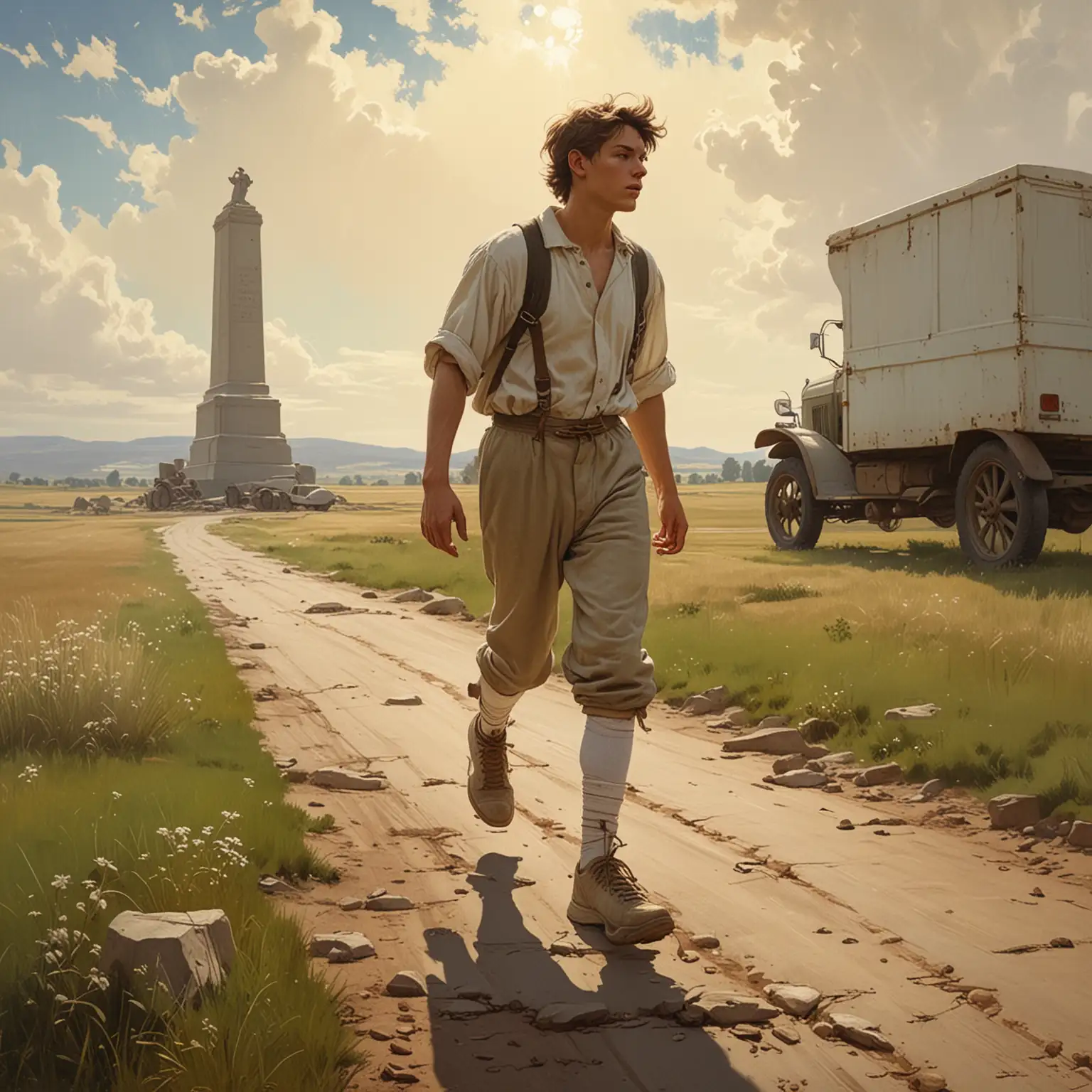 Young Man in 1900s Running Outfit at Monument Crossroads