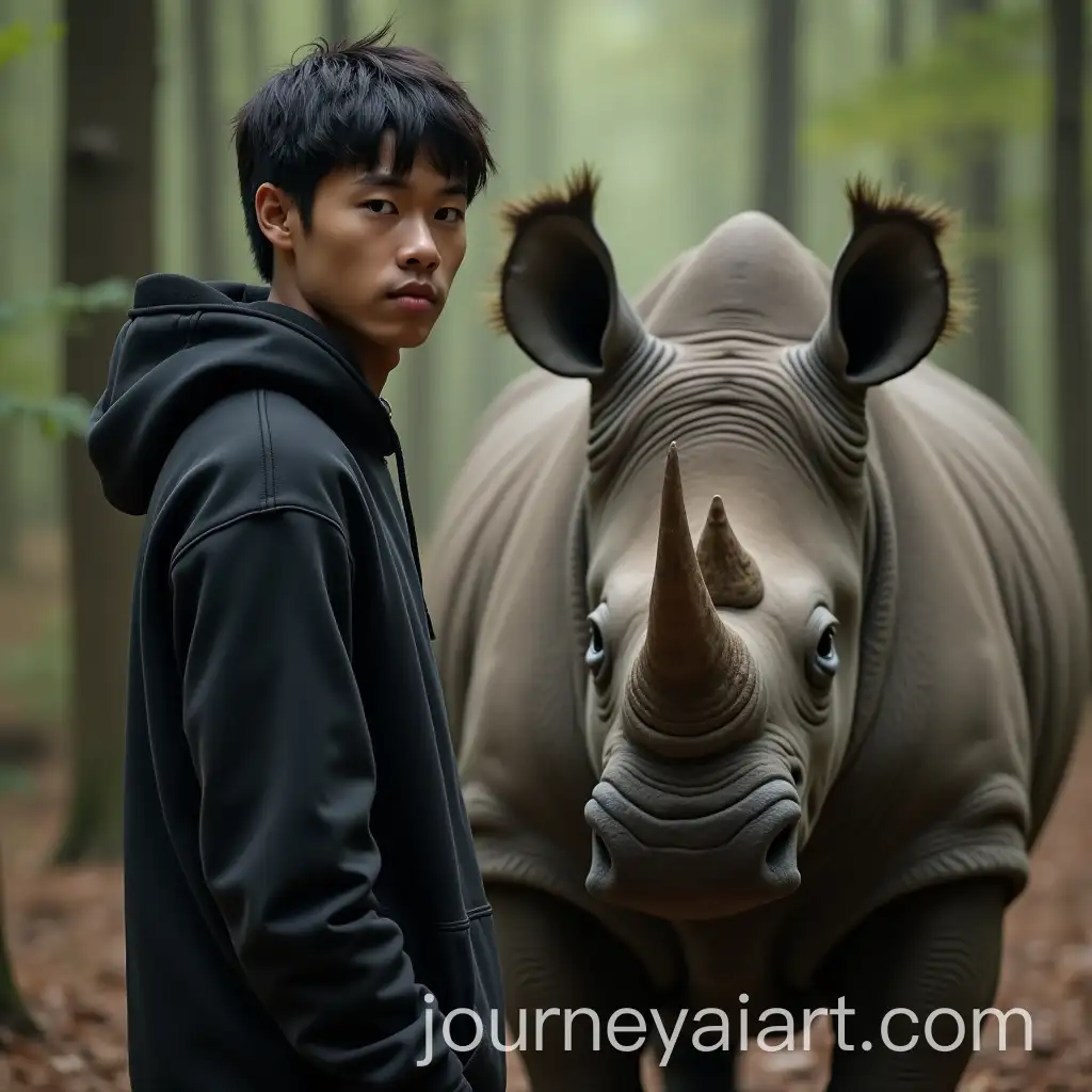 Hyperrealistic-Young-Asian-Man-Herding-Horned-Rhinoceros-in-Forest