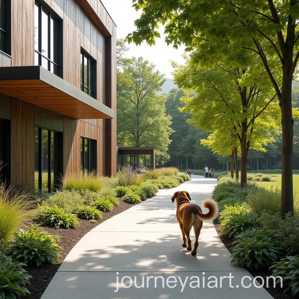 Dog-Walking-Along-a-Scenic-Pathway-Near-a-Community-Centre