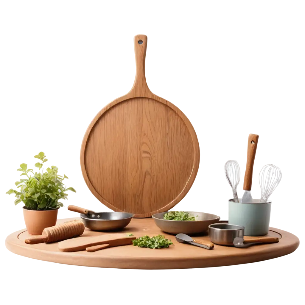 A wooden circular board on the table, with kitchen utensils hanging in the background and blurred smoke floating above it. The light blue wall is decorated with green plants. In an animated style, the background features kitchen tools such as whisks, natural wood tones, and high-quality images. It has an anime aesthetic and has an empty space for product display.