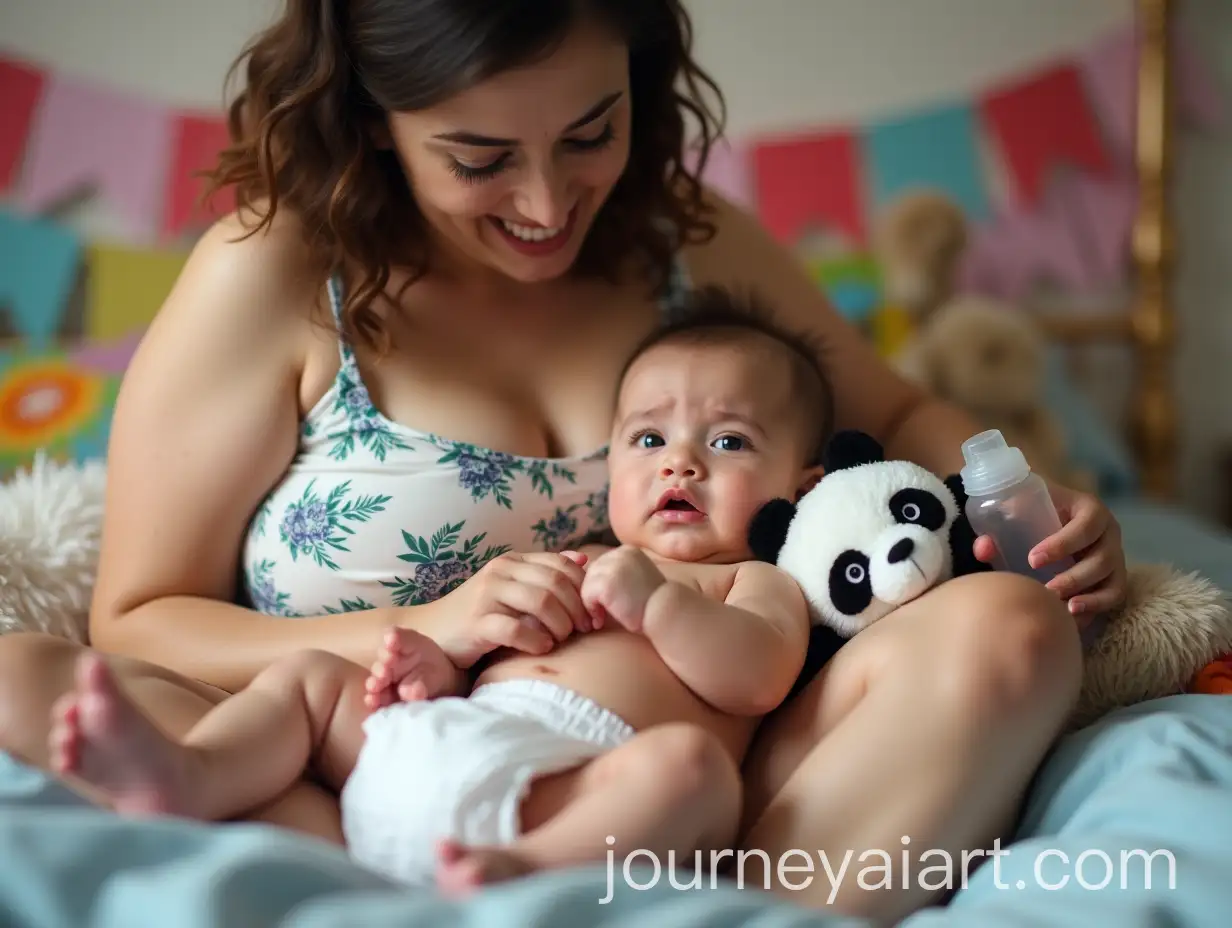 Mother-BottleFeeding-Sad-9MonthOld-Baby-in-Colorful-Nursery-with-Plush-Panda-Doll