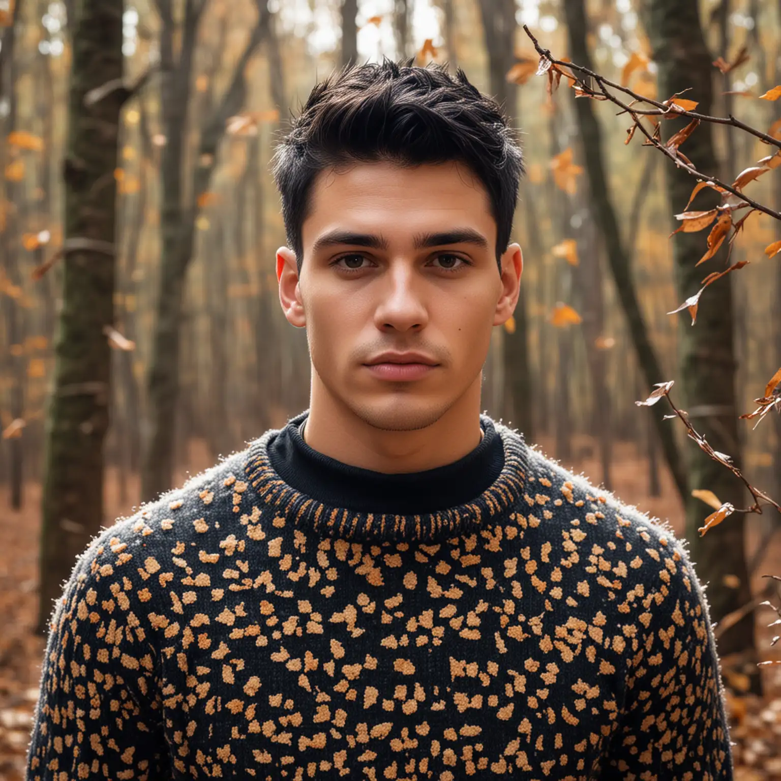 create photo of a handsome man 25 yo, shaved face, black hair hair, buzz hair cut, in a studio lights, wearing sweater, in a forest, some leaves falling down