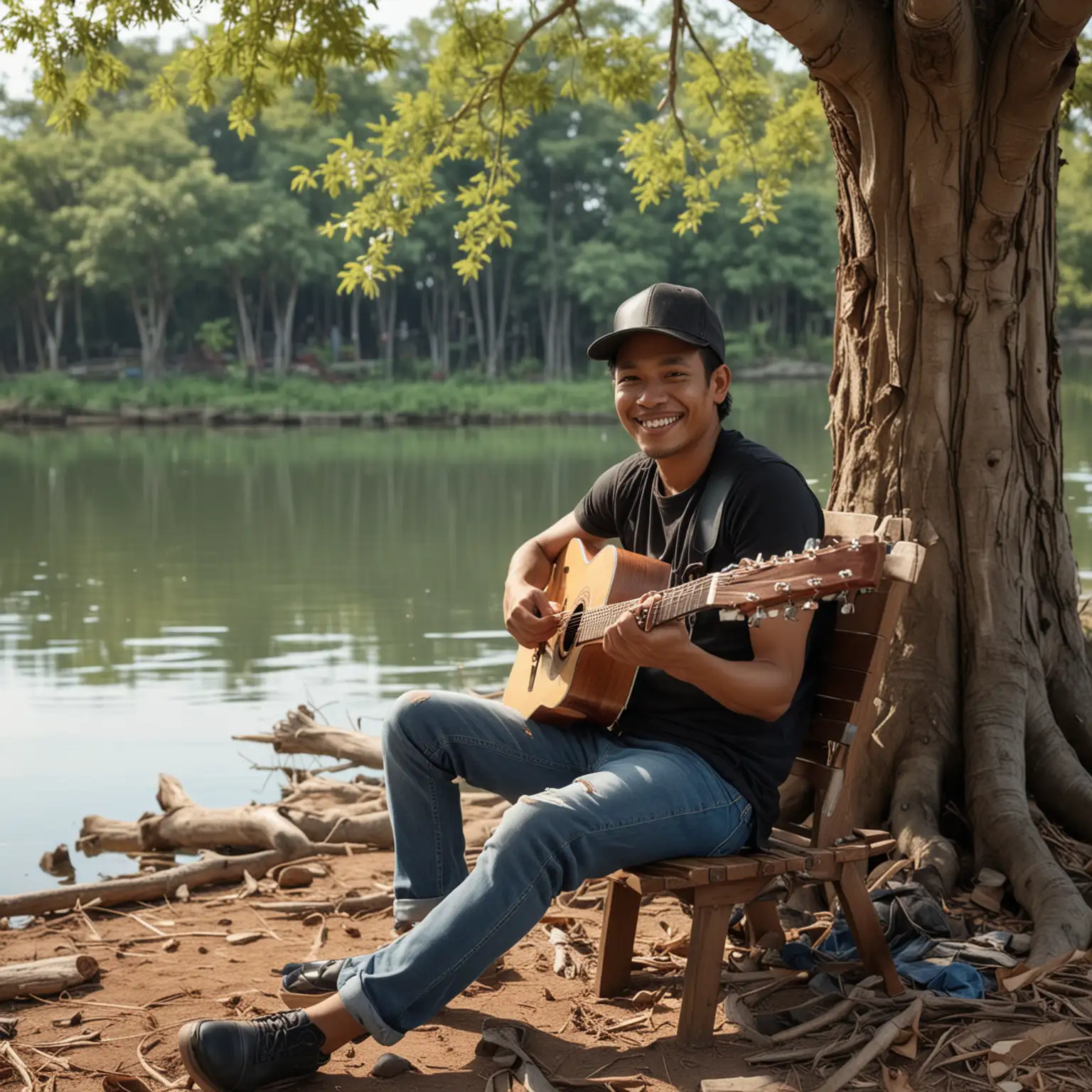 A Indonesian man smiles at the camera while wearing a baseball cap, a black sleeveless shirt, blue jeans, and leather shoes, sitting on a long chair under a withered tree near a lake, happily playing an acoustic guitar, photograph, realistic, 8k