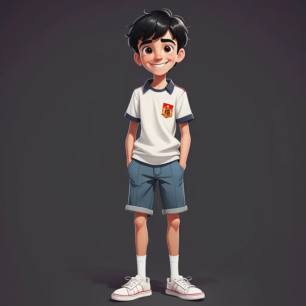 Smiling Spanish Teenage Boy Cartoon Character with Short Black Hair and White Shoes