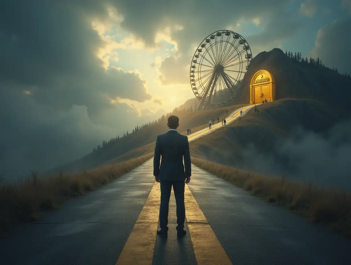 A businessman in a suit standing at a crossroads. One path is wide, smooth, and filled with people walking blindly, while the other is narrow, steep, and only a few determined individuals are climbing it. The wide path leads to a giant wheel labeled 'Rat Race,' while the steep path leads to a golden vault marked 'Financial Freedom.' The sky is dark and stormy, symbolizing the difficulty of breaking free from financial illusions.