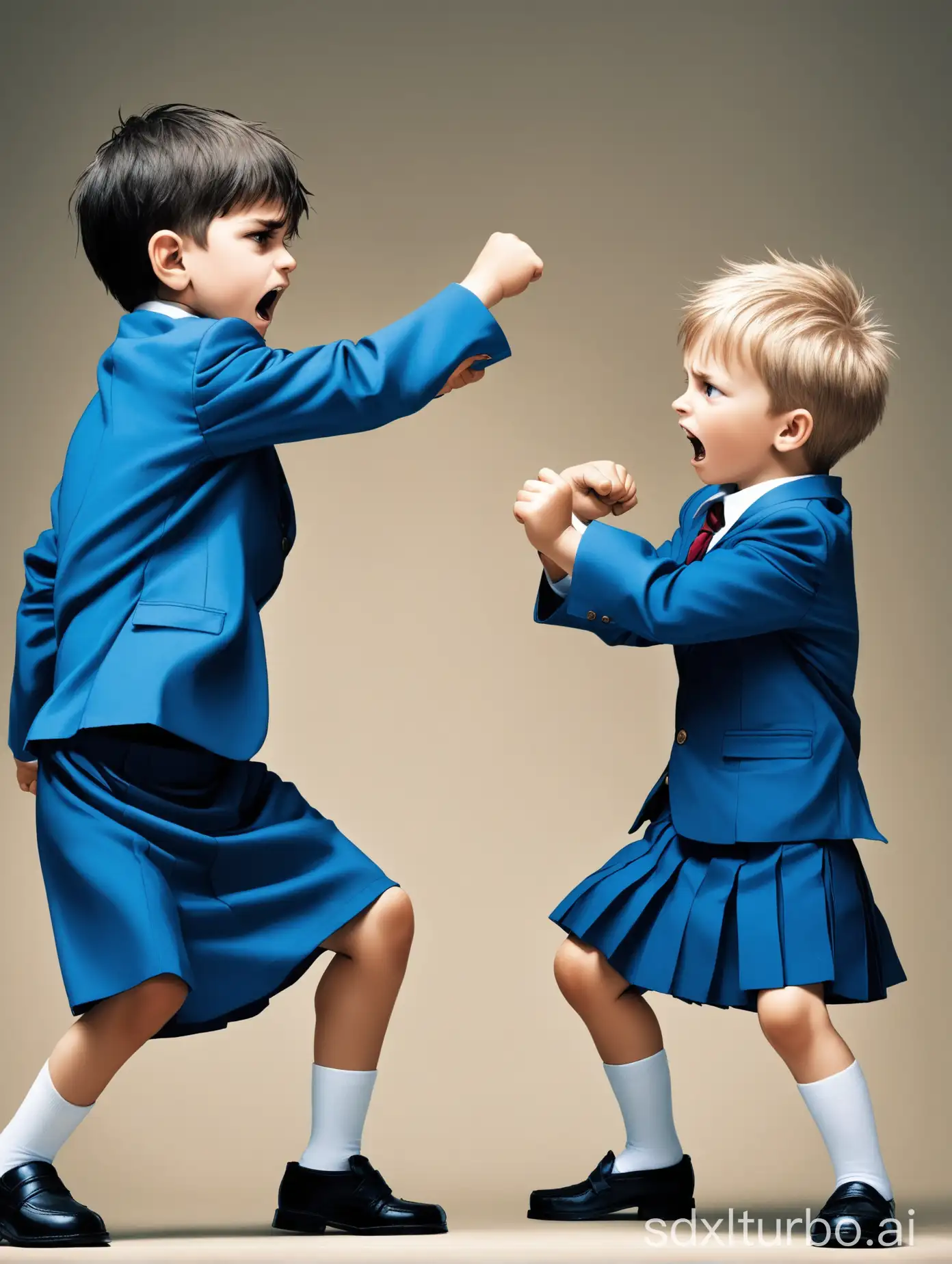 two little boys in blue school uniforms fighting