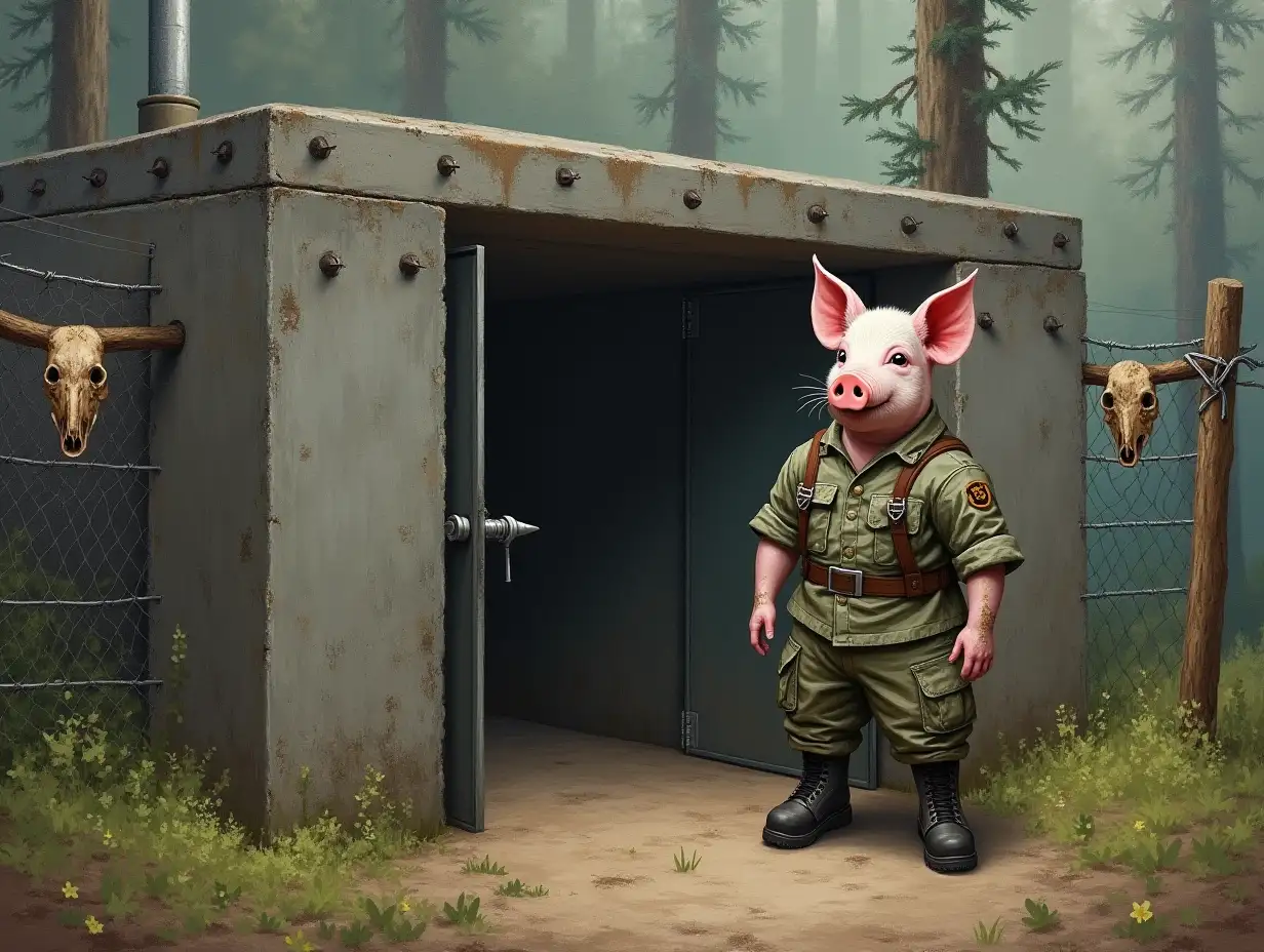 A nice bunker at the edge of the forest. Walls of concrete, roof of steel, a thick steel door with spikes outwards, a ventilation pipe is visible on the roof like in a bomb shelter. The bunker is surrounded by a fence entwined with barbed wire, on a pair of stakes hang wolf skulls. Next to the bunker stands a piglet in camouflage pants with braces, a camouflage shirt and army boots. The piglet's snout is smeared with camouflage makeup like special forces. Painting in oil.