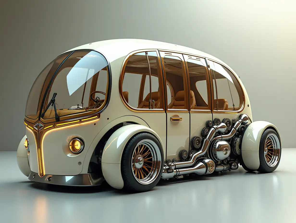 A supermodern utopian sports omnibus with gears, lowered body, 18-inch rims, aluminum wheels, cream silver gold, Cyberpunk.