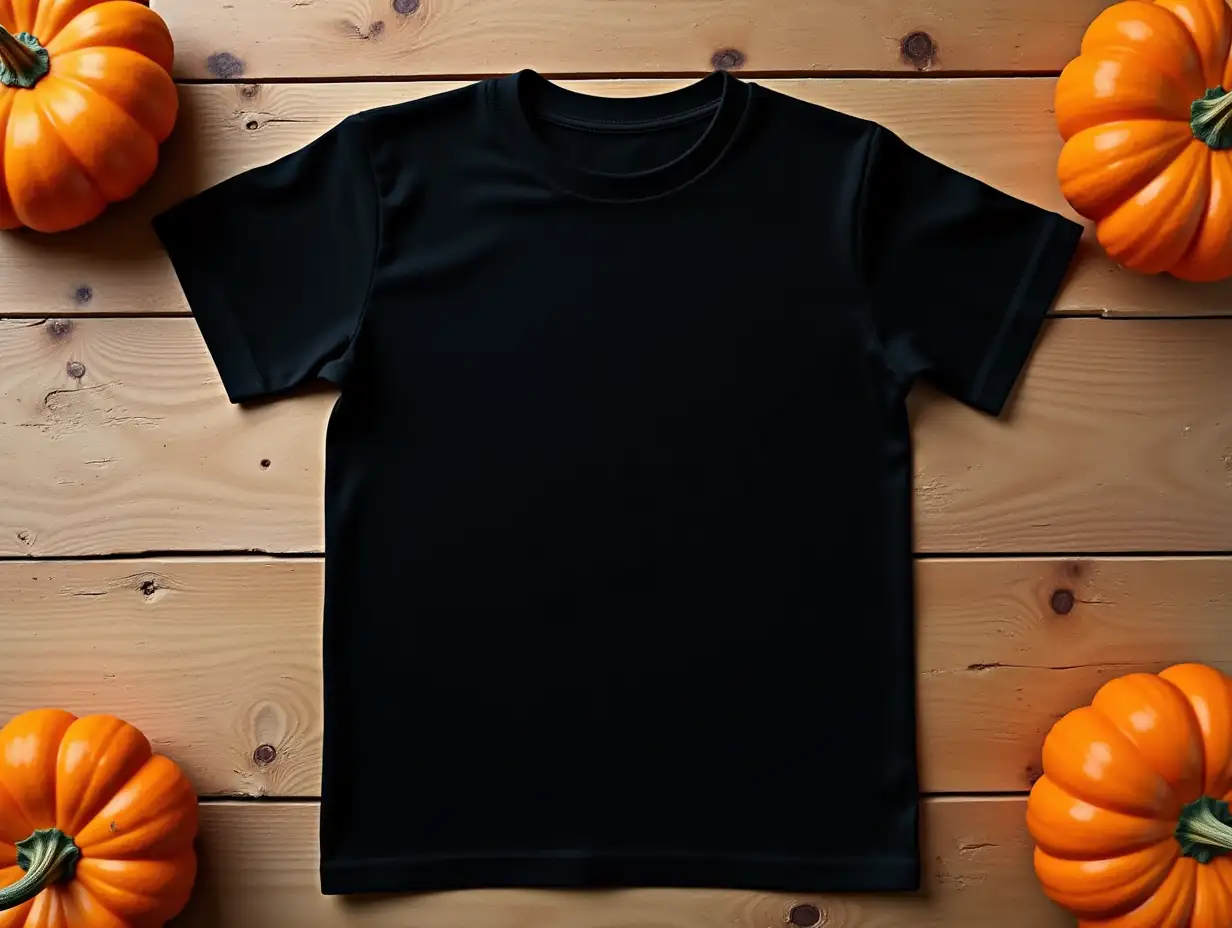 Cute-Kids-Halloween-Themed-TShirt-Mockup-on-Wooden-Surface