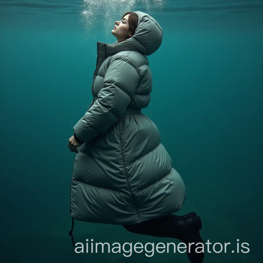 Young-European-Woman-Trapped-Underwater-in-Puffy-Jacket-with-AirFilled-Folds