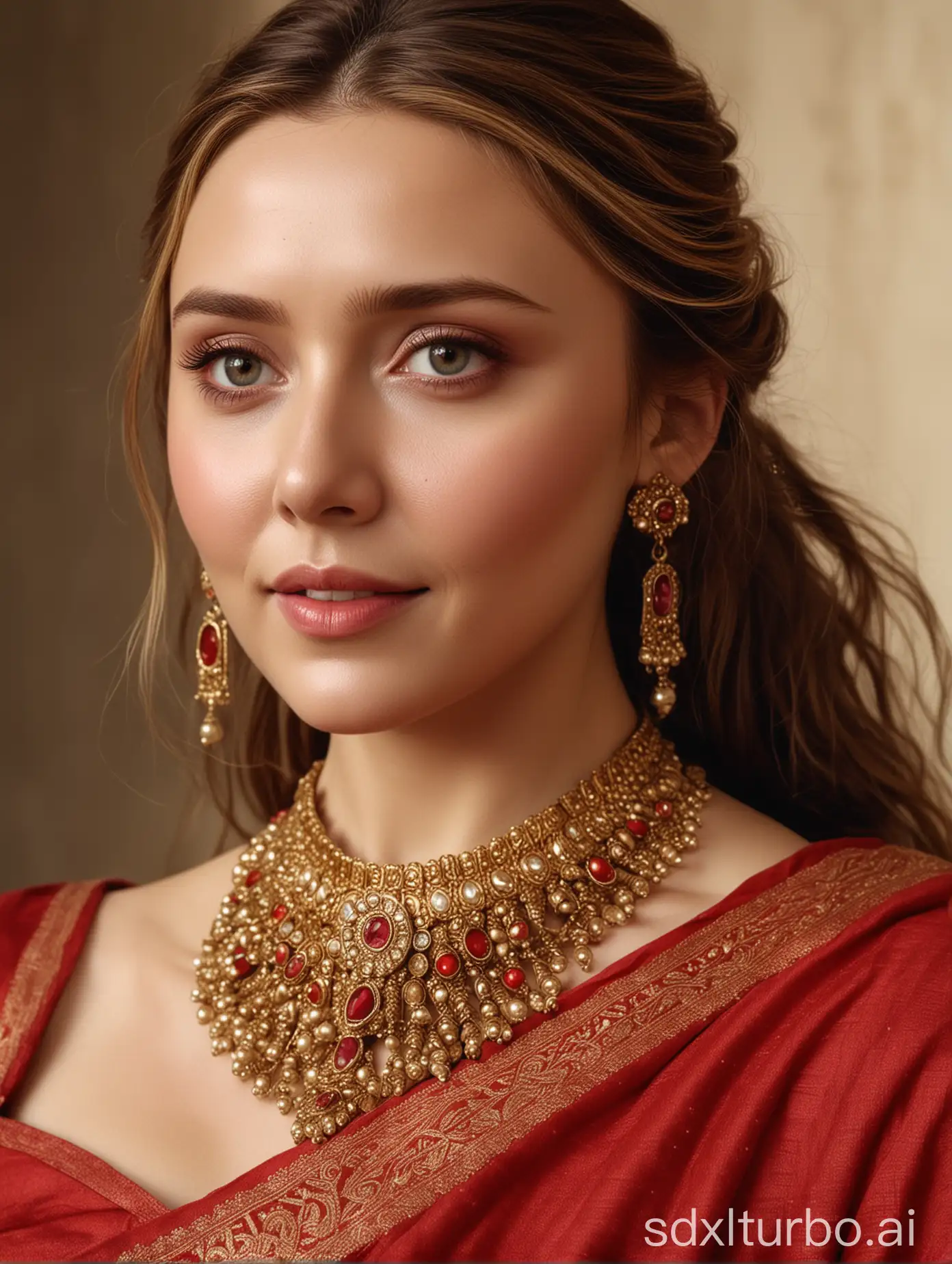 Elizabeth-Olsen-in-Traditional-Red-Indian-Saree-with-Jewelry-and-Soft-Smile