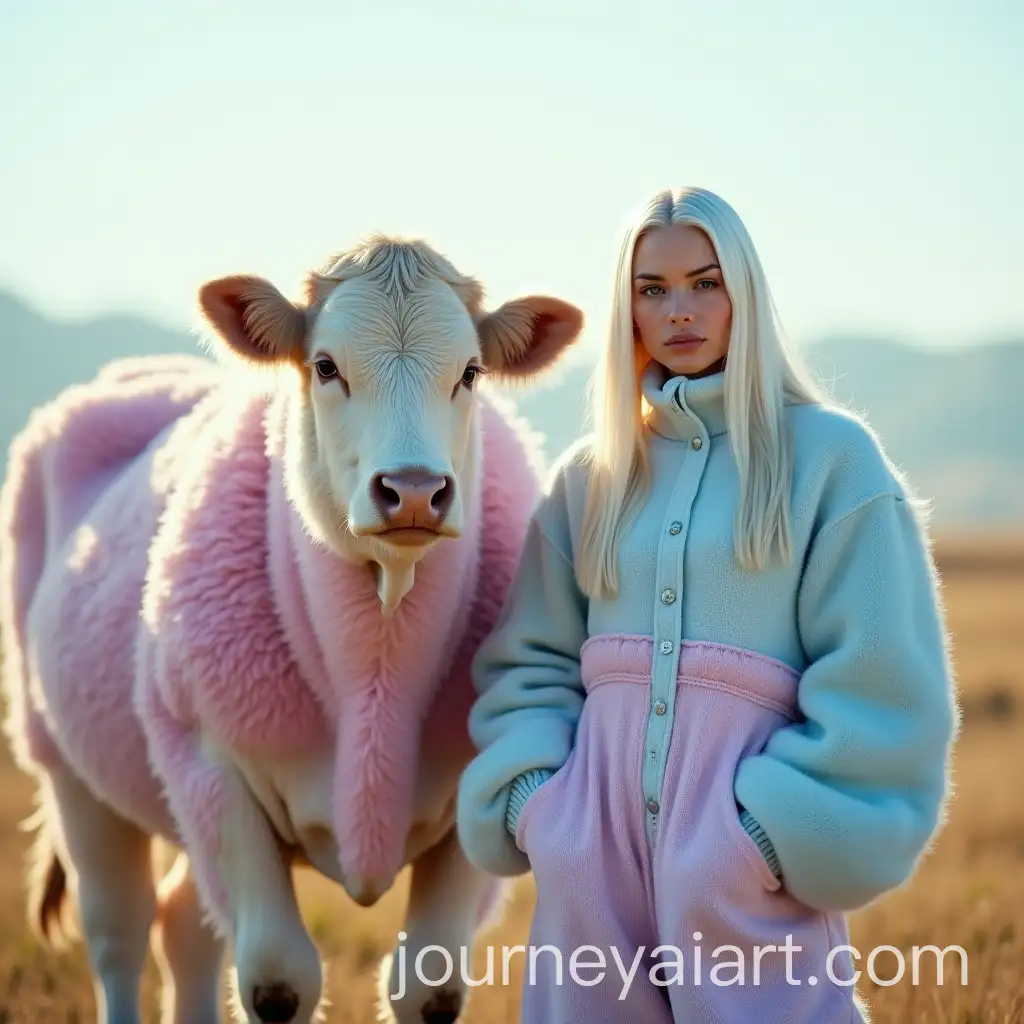 Albino-Woman-and-PastelColored-Cows-in-Dreamy-Field