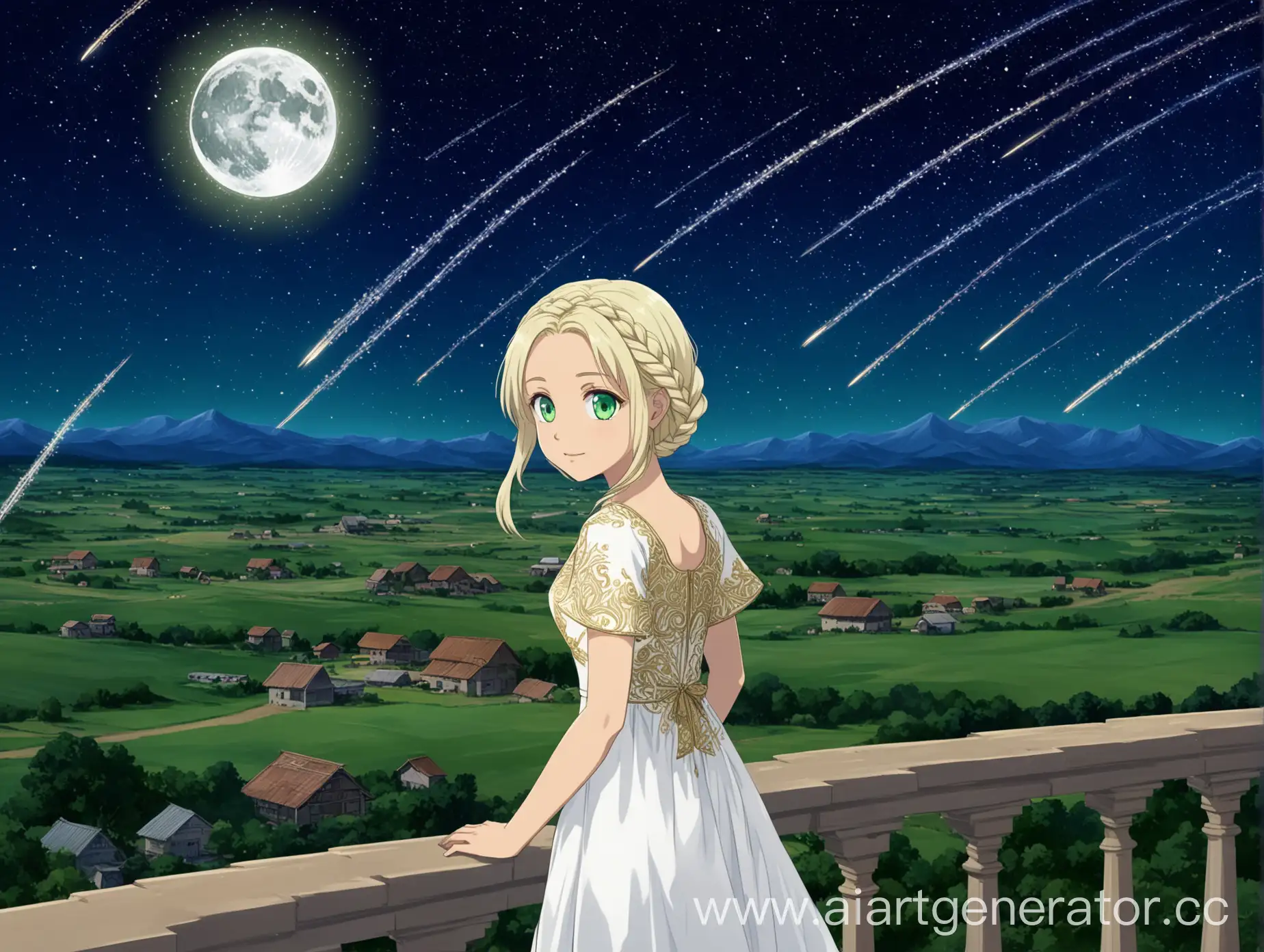 Anime-Girl-in-Formal-White-Dress-with-Golden-Patterns-Standing-on-Balcony-under-Night-Sky-with-Shooting-Star-and-Distant-Landscape