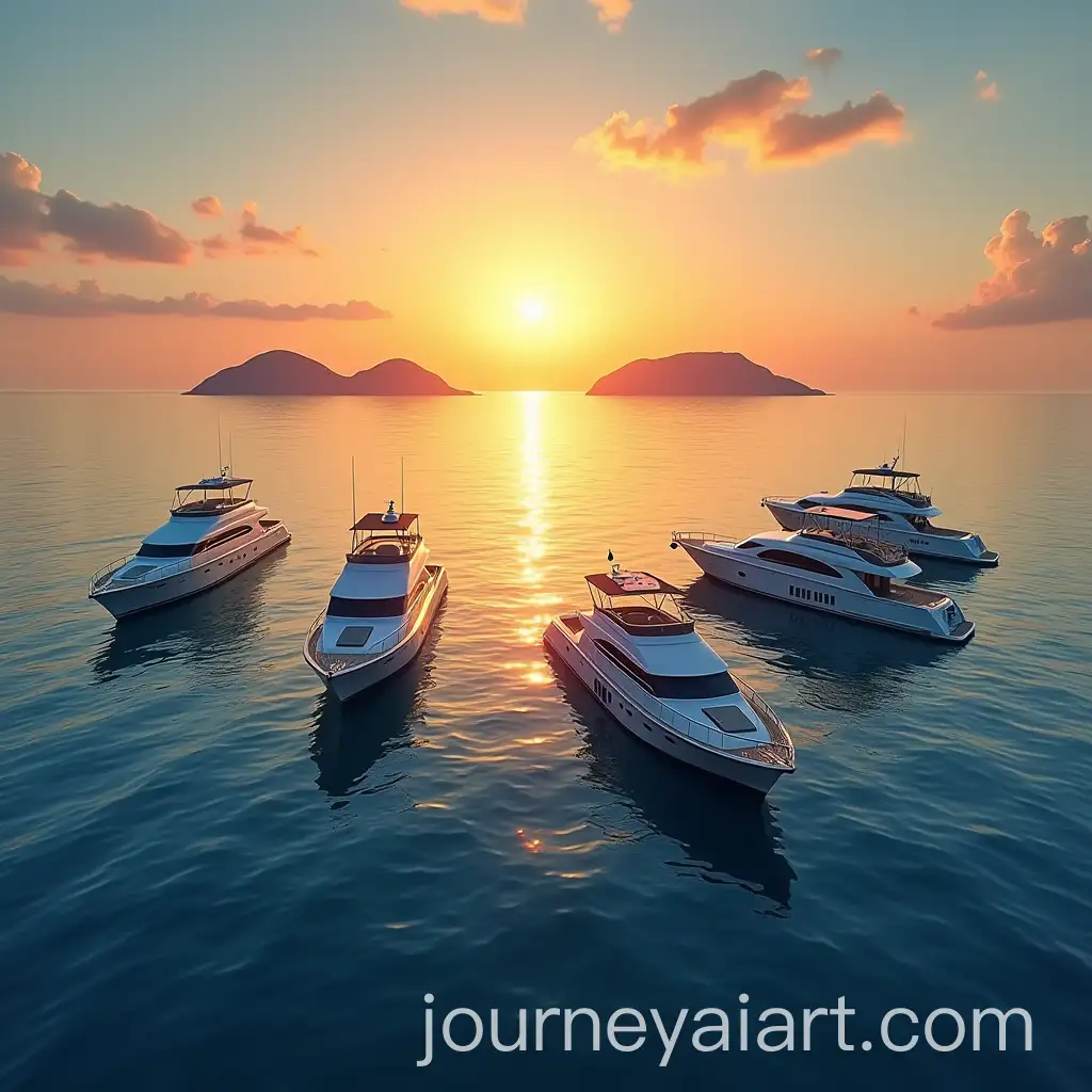 Five-Yacht-Boats-in-a-Circle-on-the-Sea-at-Sunset-with-Islands-in-the-Distance