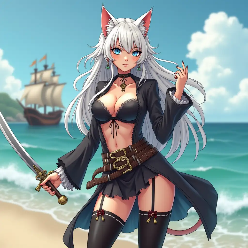 A mature adult feline/woman dressed as a pirate with a sword on a beach.  A pirate ship in the background. Her 30-something years are disguised by her youthful facial features, except for her subtle wrinkles around the eyes, extremely slender body. Her ample bosom strains against her clothing, threatening to burst free from the fabric, extreme cleavage.  Wearing black thigh high pirate boots. She has piercing blue cat eyes. A choker adorns her neck, a subtle hint at her feline nature. Her long, white hair cascades down her back like a wild waterfall, tangled and disheveled. Her cat-like teeth glint in the light, as her white fur-lined ears punctuate her visage with sparkling black and gold earring adorns each ear, adding a touch of elegance to her feline features. Cat whiskers on her face. The attached tail at the base of her spine stirs lazily.  Long fingernails. Full body view. Anime.