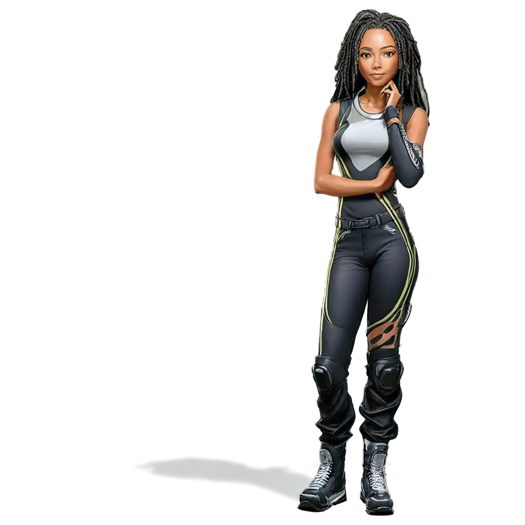 Anime-Style-PNG-Image-of-a-Black-Female-in-Car-Racing-Gear-with-Locs-Dynamic-and-Vibrant-Illustration