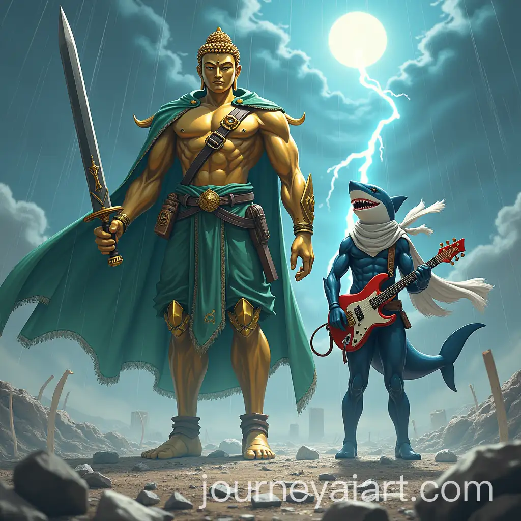 Epic-Anime-Battle-Between-Golden-BuddhaSharkAI-Art-Prompt-Expansion-and-SharkHuman-Warriors