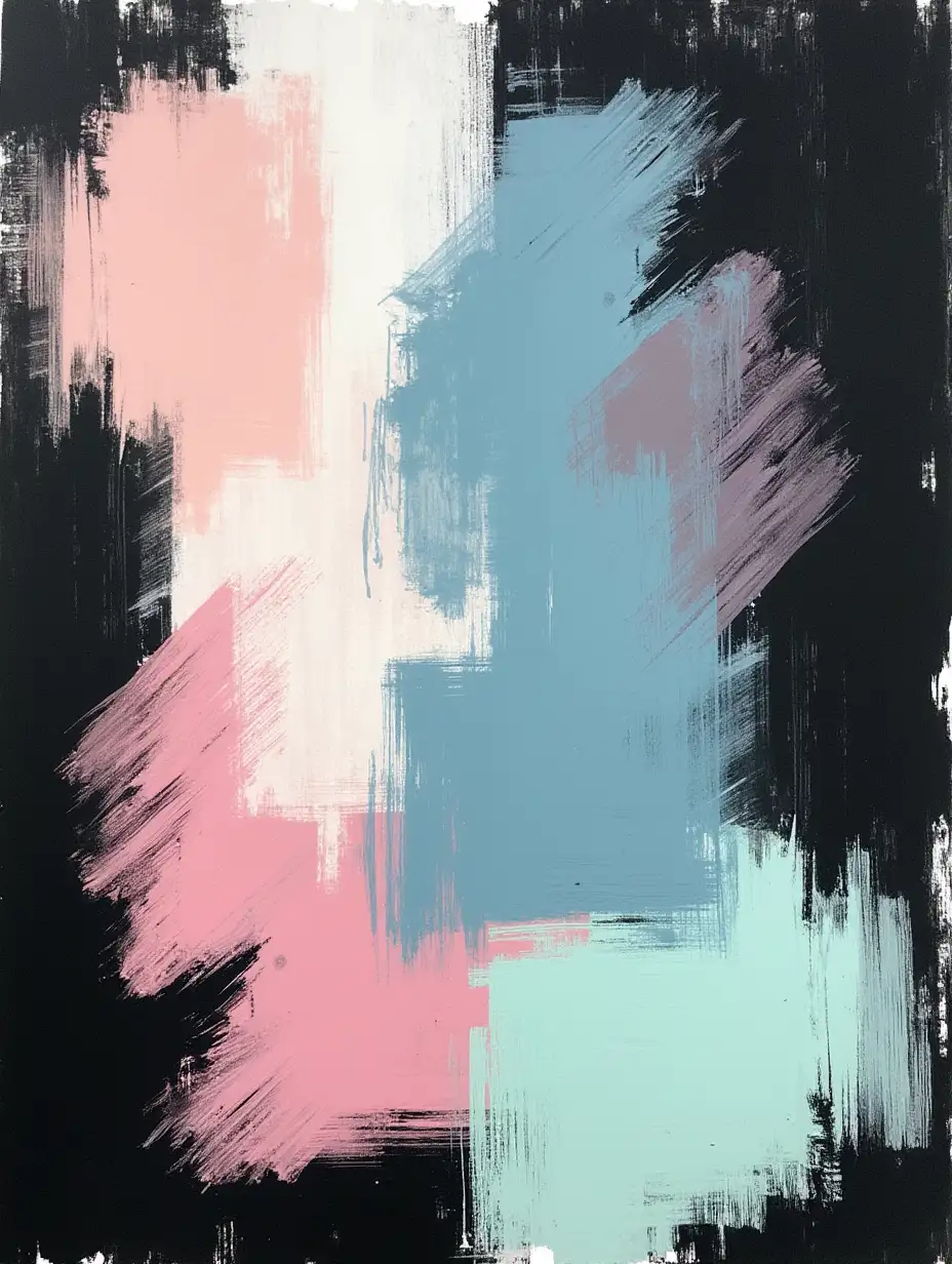 Create an abstract painting with bold, chaotic black brushstrokes as the background, layered with soft pastel pink, blue, and mint green geometric shapes. Add subtle gradients to the shapes to create a sense of depth, with the brushstrokes providing a raw, textured contrast.