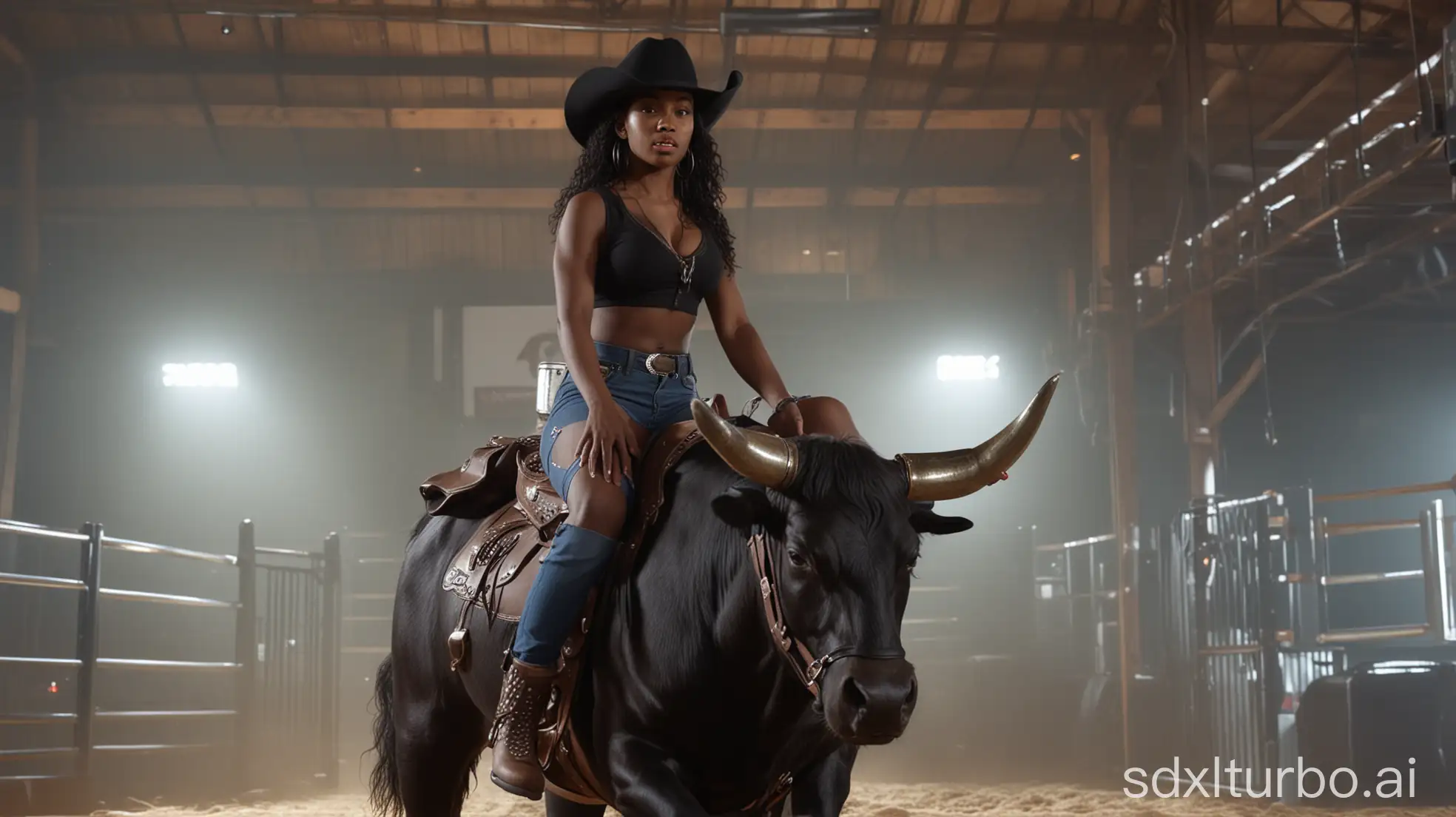 Black-Female-Rider-on-Mechanical-Bull-with-Black-Cowboy-Hat-in-UHD