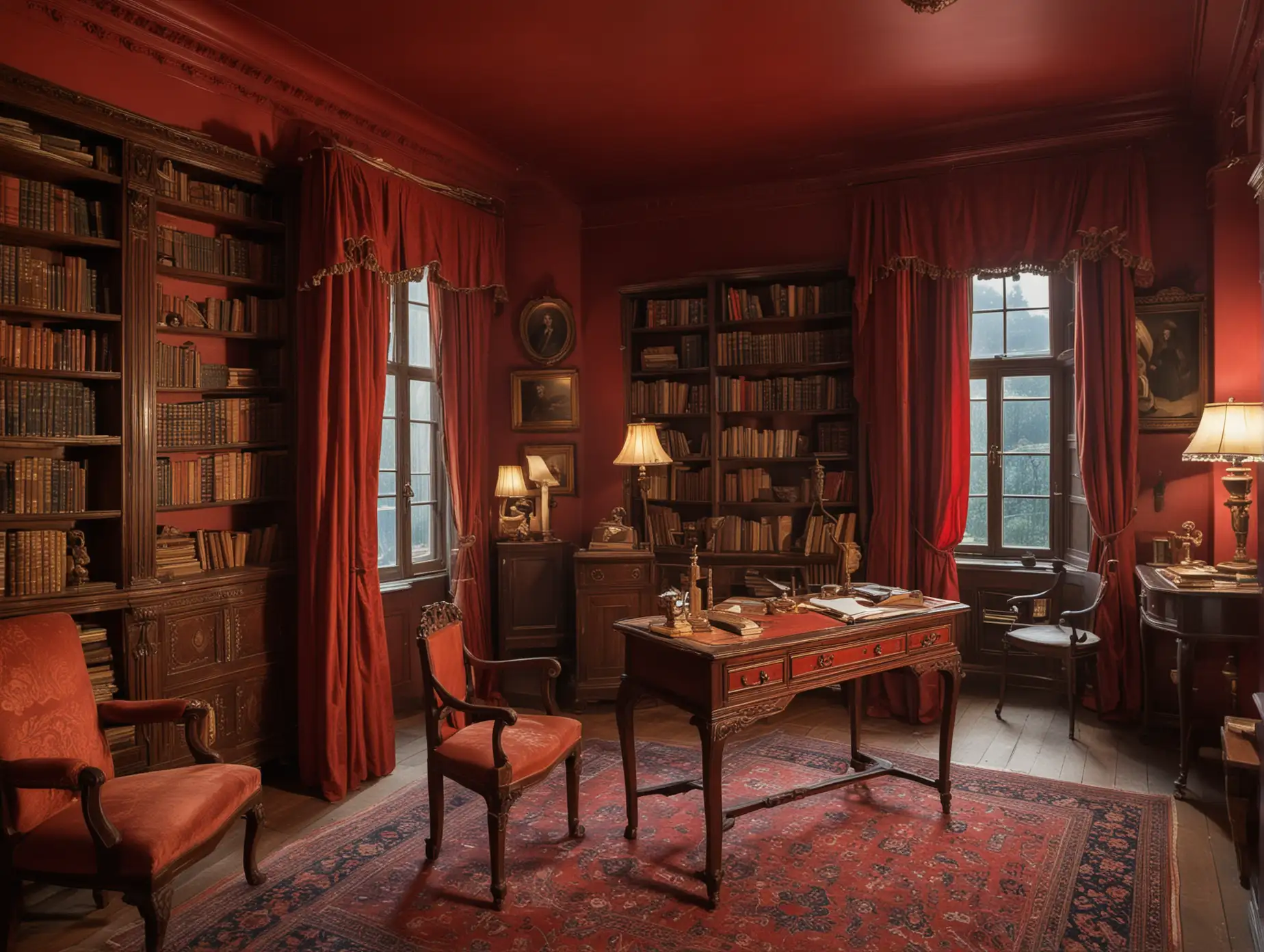 19th-Century-Noblemans-Room-at-Night-with-Writing-Desk-and-Bookcase