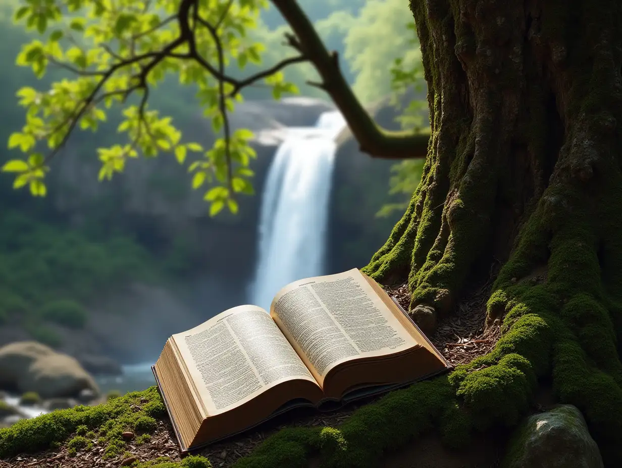a magazine on the back of a big tree, overlooking a waterfall and a tree
