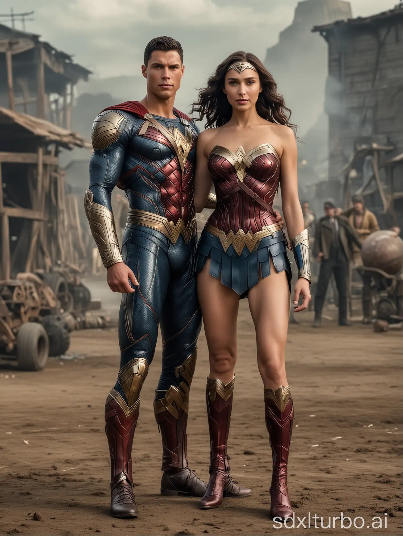 Images of two people, first person is the Movies star Gal Gadot (wearing wonder Woman original movie costume), the second person is football player Cristiano Ronaldo (Wearing original Man Of Steel movie costume), romantic pose, face facing camera, full body view, cinematic background