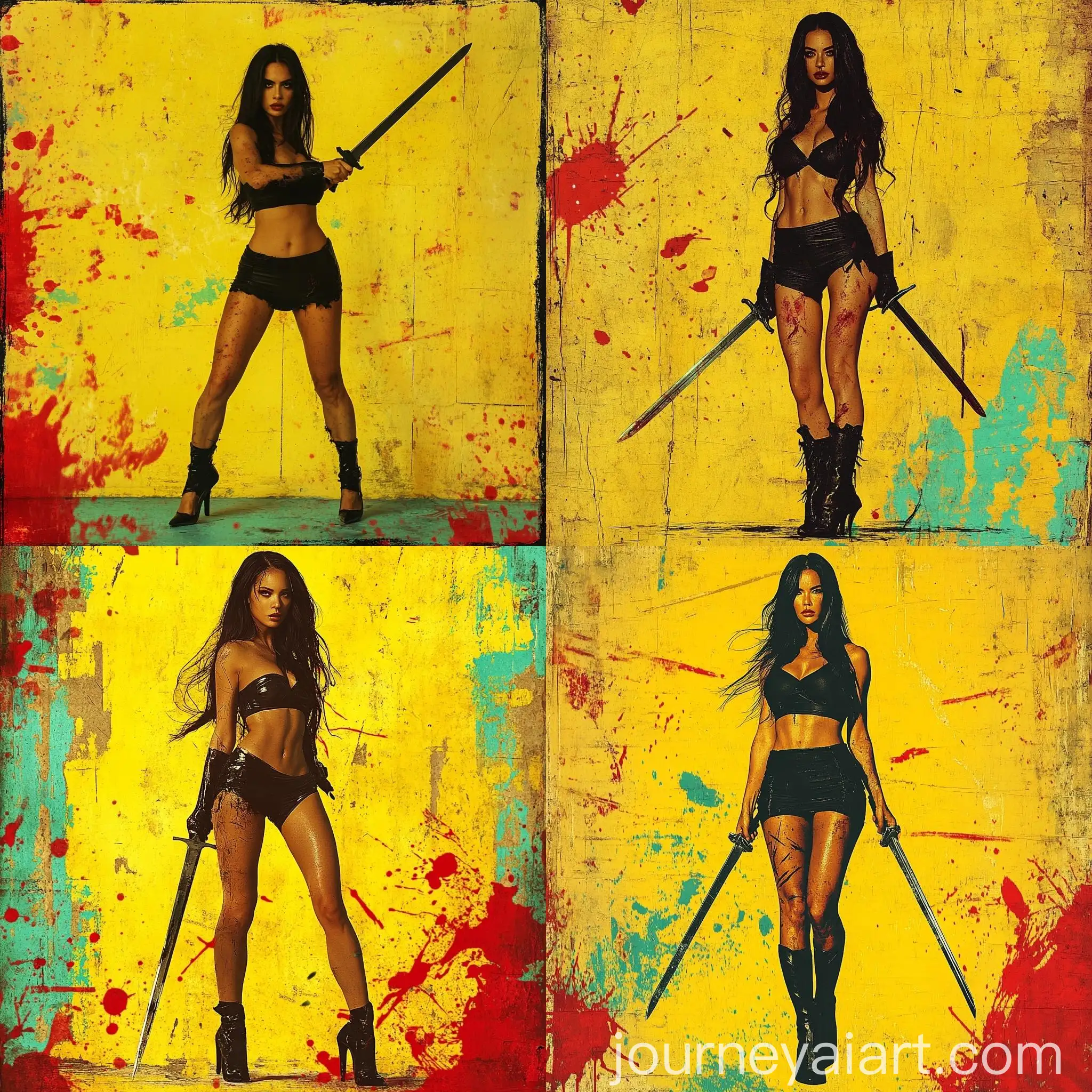 Warrior-Woman-with-Sword-in-Grungy-Yellow-Background