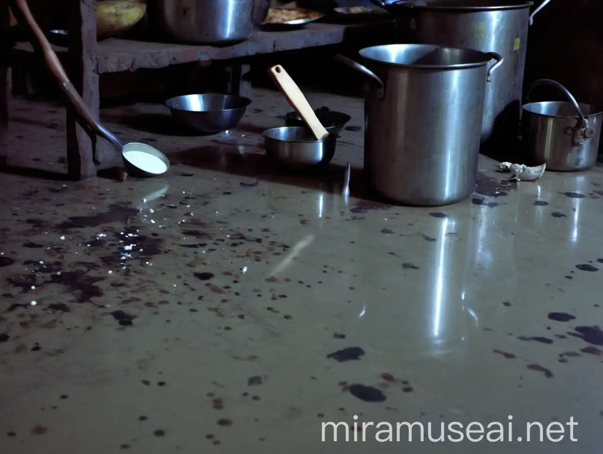 Indian Kitchen Scene with Spilled Milk and Steel Utensils on Floor