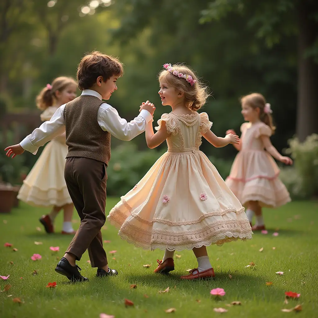 Victorian Boys and Girls Dancing in a Lush Garden