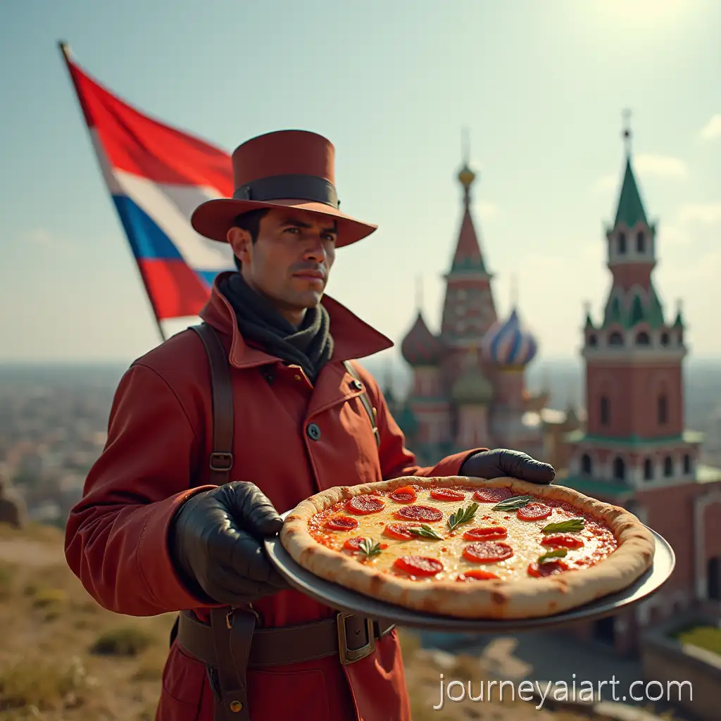 Penivaiza-Holding-Pizza-withPenivaiza-with-pizza-Russian-Flag-and-Watchtower-in-Background