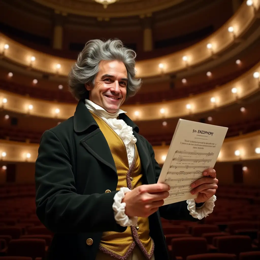 Ludwig-van-Beethoven-Taking-a-Selfie-on-Stage-with-Sheet-Music-in-Historic-Theater