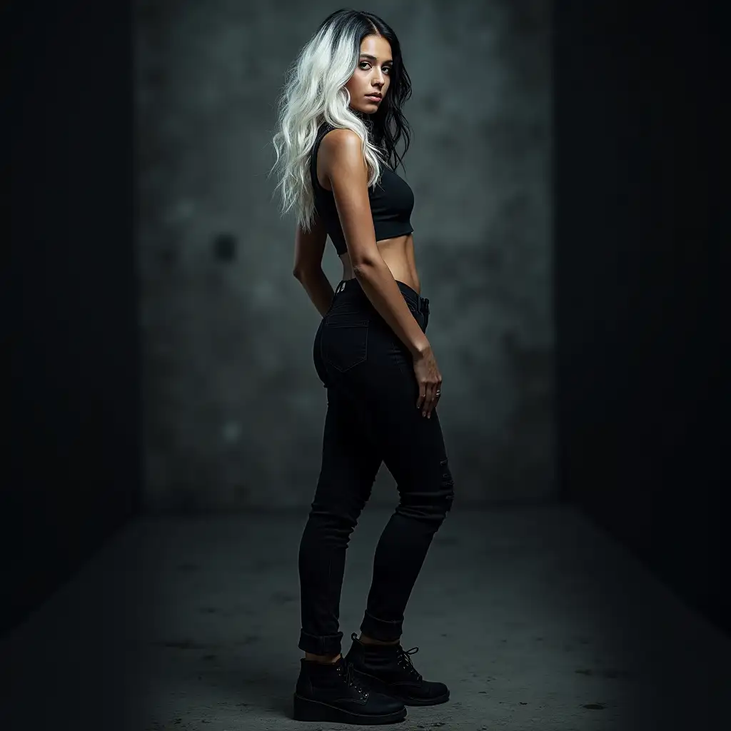 Depiction of a beautiful white woman with long mixed white-black hair in a futuristic style and black jeans pants and shoes Blurry black background (120mm) shot poster