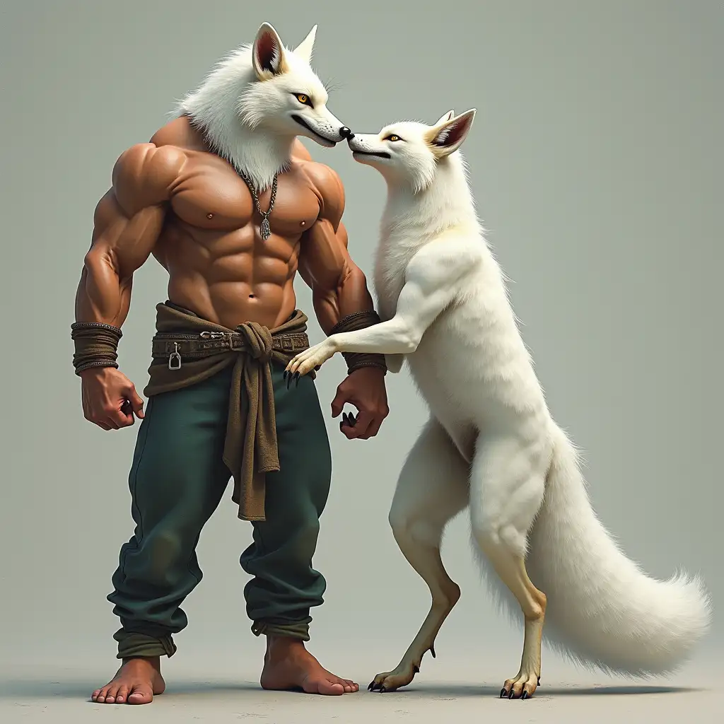 Imagine a powerful human with robust muscles, standing alongside a majestic white fox with a sleek coat. As they come together, their bodies begin to merge, forming a new, hybrid creature with the physical strength of the human and the agility and cunning of the fox. Describe the resulting creature's appearance, abilities, and characteristics in vivid detail.