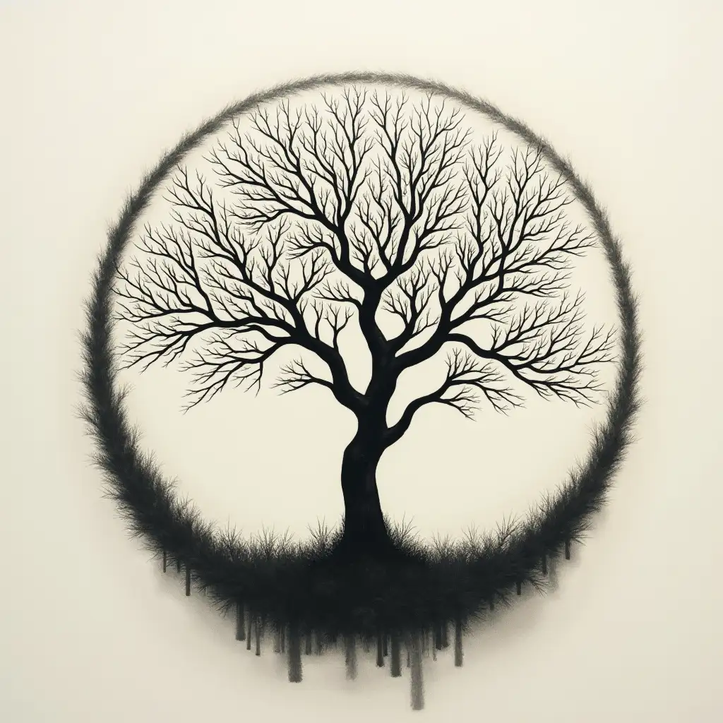 M, inside a circle, and bare tree