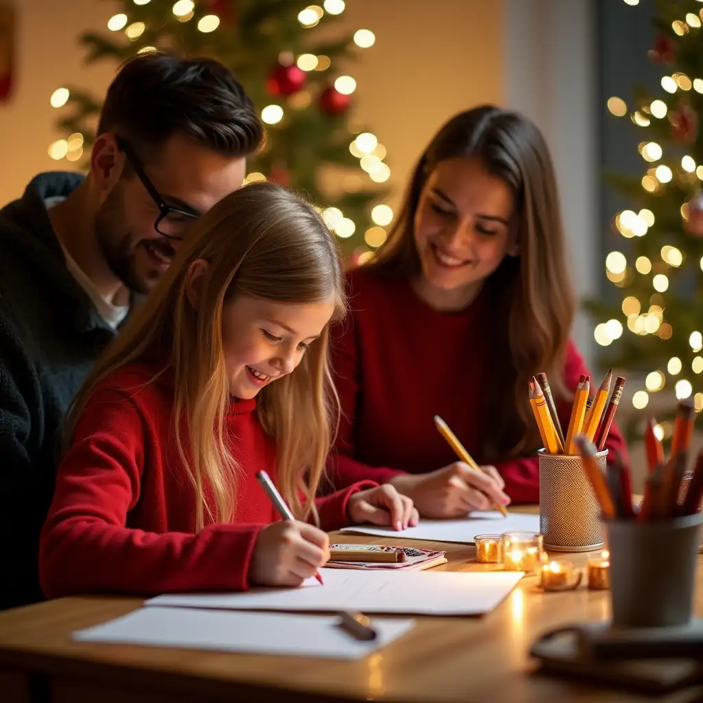 On Christmas Day, at home, a 10-year-old girl sat at a table drawing with a pencil, while her parents sat beside her smiling and accompanied her. There were some pencil boxes, paper, and a pencil bucket on the table, which were photographed in detail, creating a Christmas atmosphere, Christmas flags, and a Christmas tree,