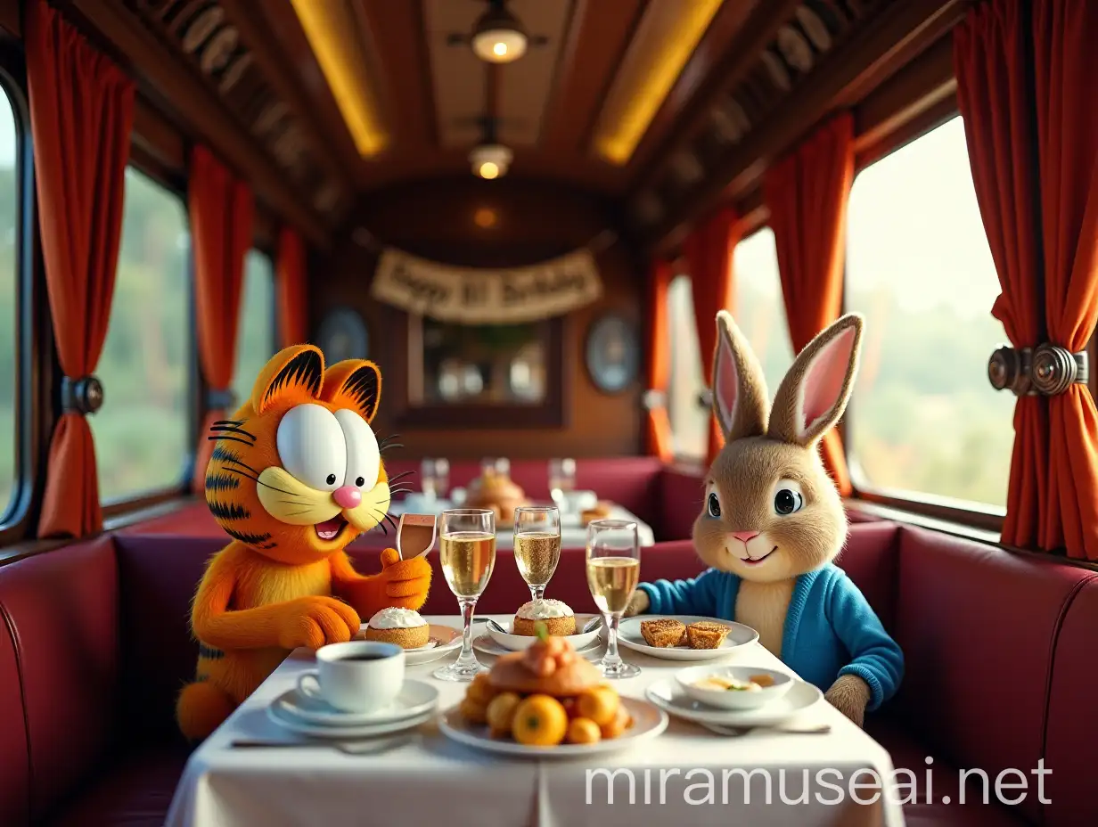 Luxurious English High Tea and Champagne Celebration with Garfield and Peter Rabbit on a Luxurious Train Carriage