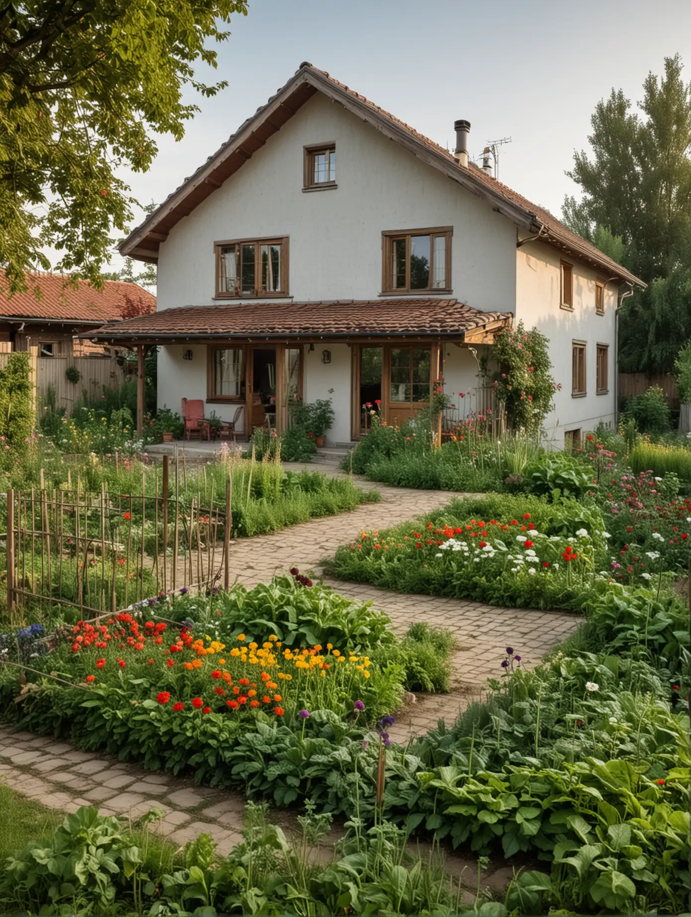 Rural house with yard, Modern style house, There is a vegetable patch in the yard, flowers