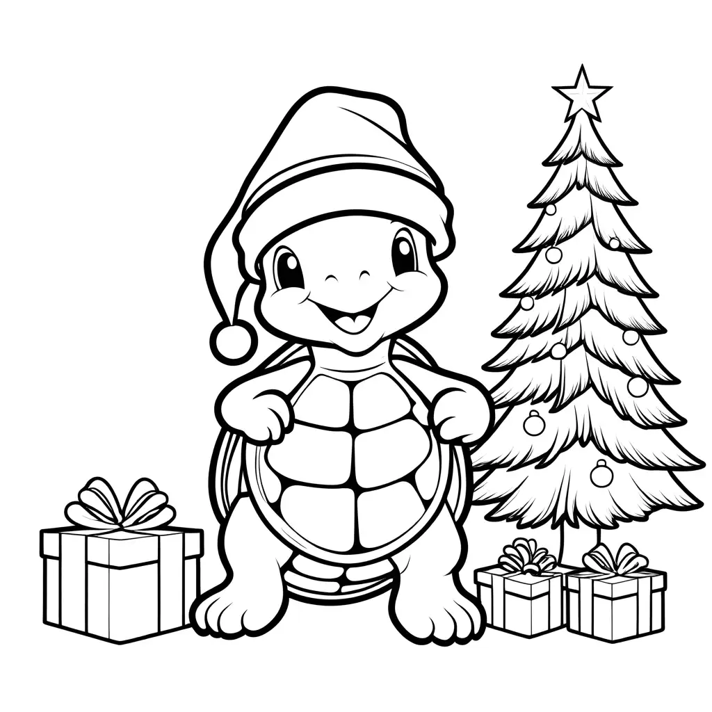 Cartoon-Turtle-with-Santa-Hat-Christmas-Tree-and-Presents-Coloring-Page