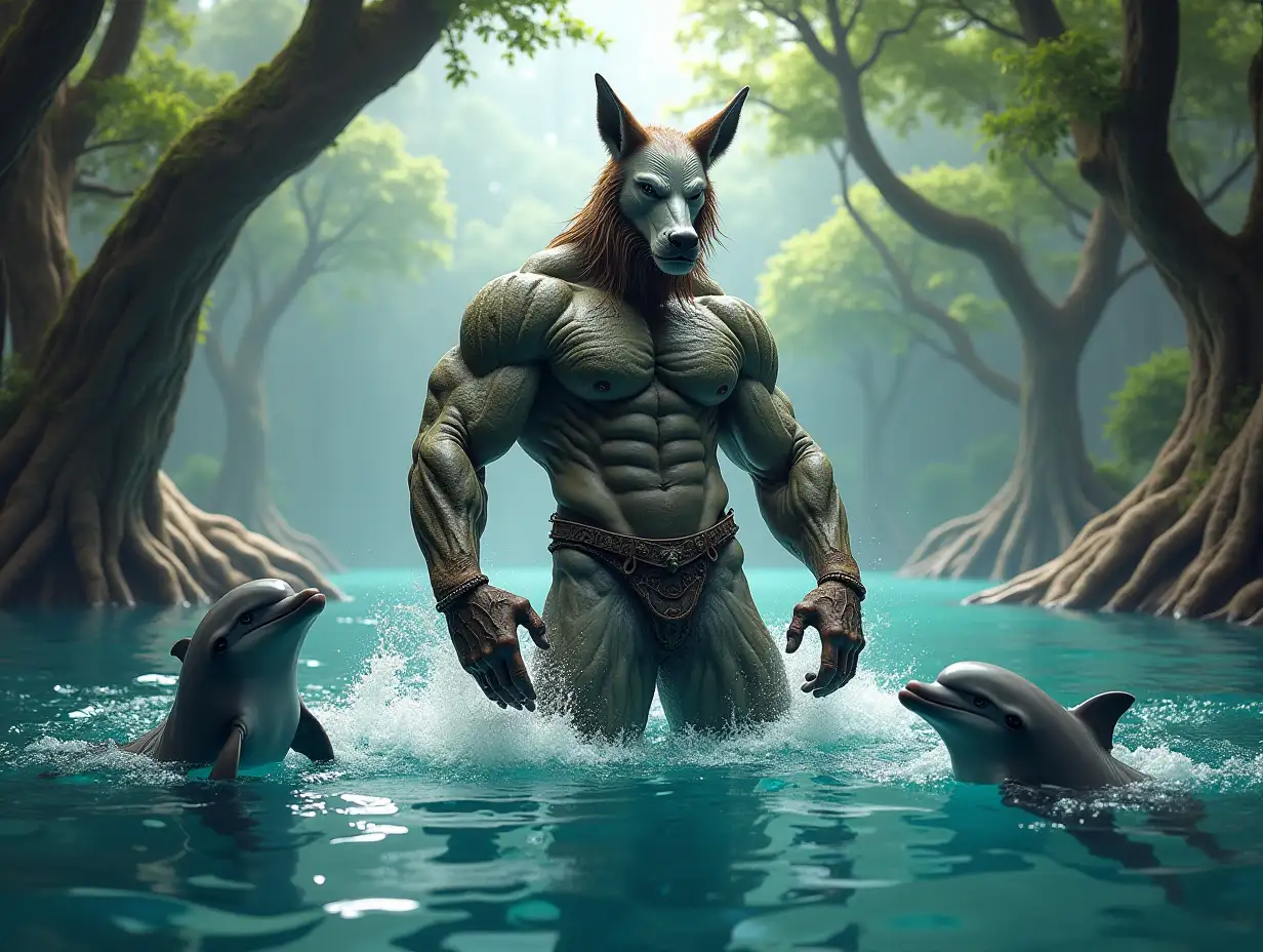 A very detailed photo. A full body representation of an Animal-Hybrid bodybuilder with Dolphins in a sea with very large trees